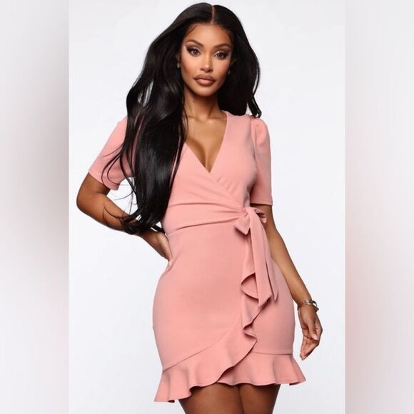 Fashion Nova Dusty Pink Ruffle Dress Small Feminine Surplice Wrap - Picture 1 of 11